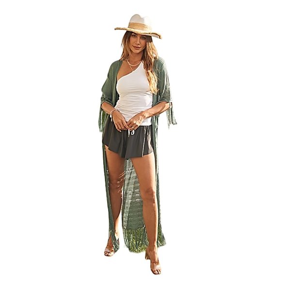 Blue Sage Cold Shoulder Long Fringed Bohemian Cardigan Duster Kimono DWJ8 - Picture 1 of 7